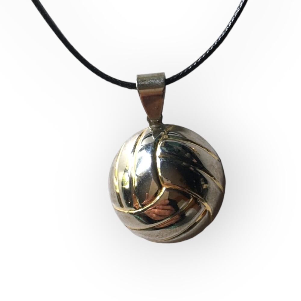Silver tone "basketball" upcycled pendant necklace, traces of gold tone too